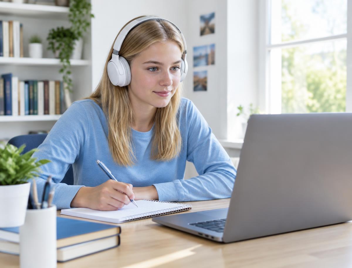 طالبة شقراء تتعلم الإنجليزية أونلاين على حاسوبها المحمول في غرفة دراسة منزلية