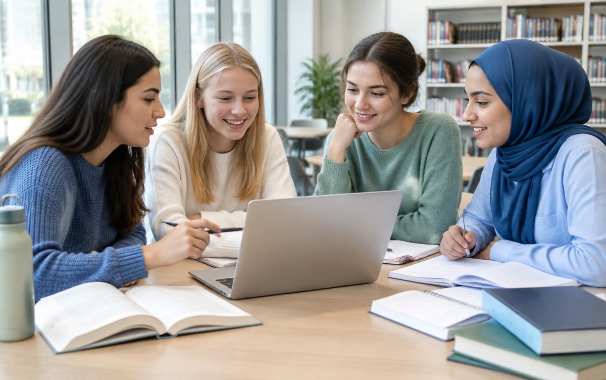 مجموعة طالبات يتعلمن الإنجليزية معاً باستخدام الحاسوب والكتب