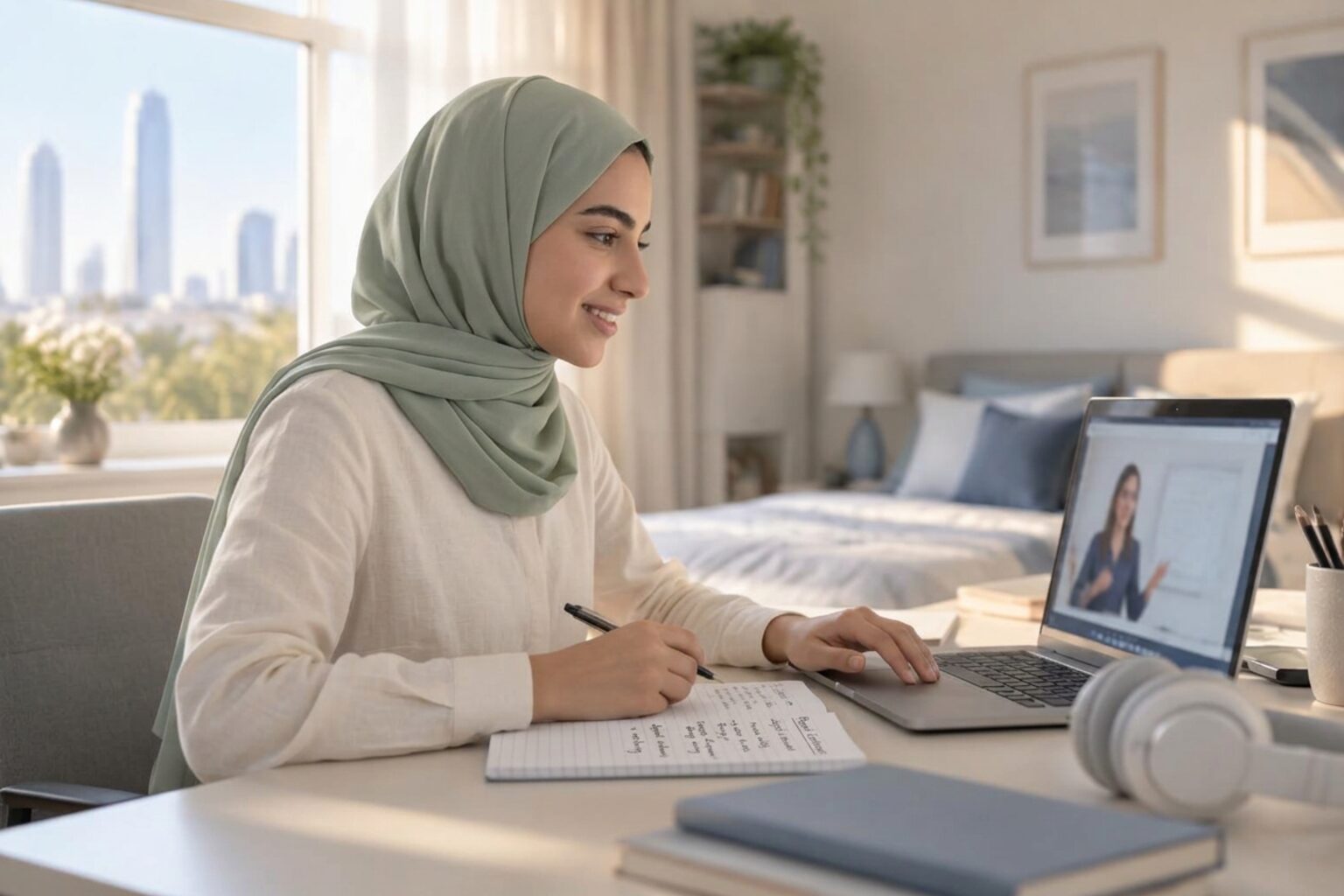 طالبة سعودية تتعلم الإنجليزية أونلاين عبر لابتوب في بيئة دراسة مريحة