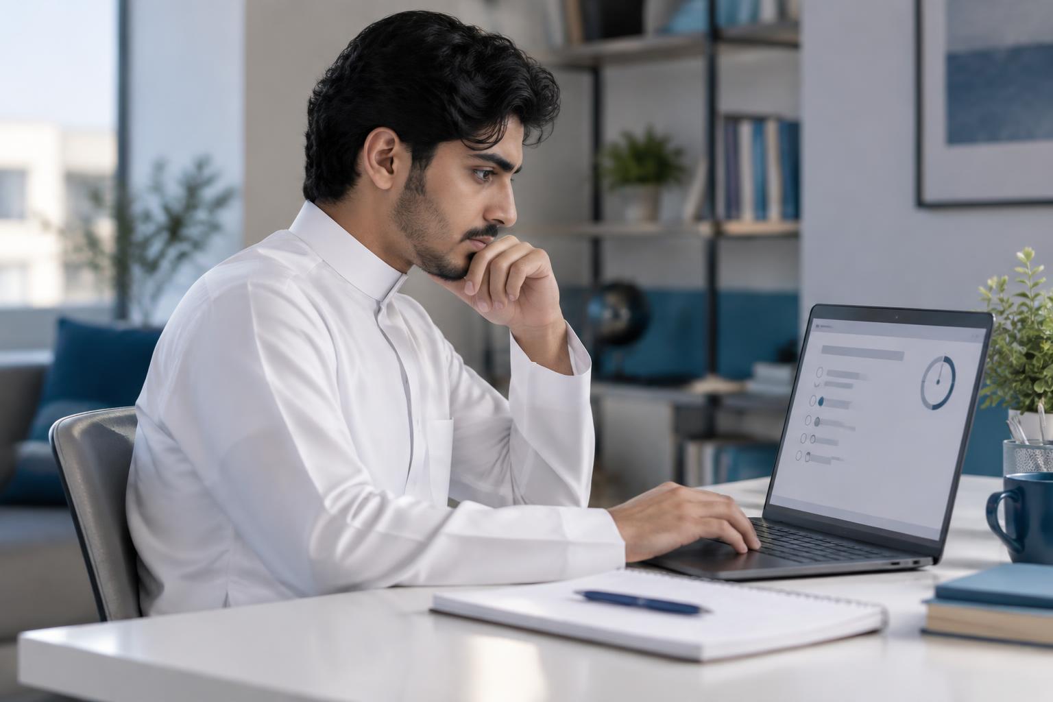 طالب سعودي يؤدي اختبارا تجريبيا محاكيا لاختبار قياس المحوسب على جهاز لابتوب