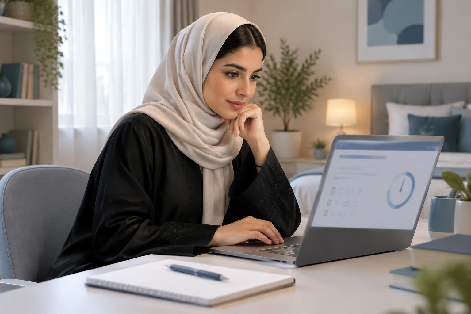 طالبة سعودية تؤدي اختبارا تجريبيا محاكيا لاختبار ستيب STEP مع عدّاد الوقت على جهاز لابتوب
