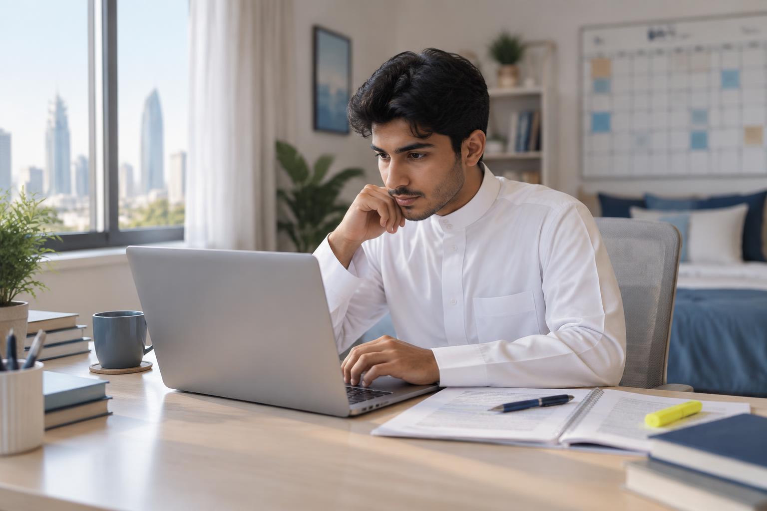 طالب سعودي ينظّم خطة المذاكرة لاختبار ستيب STEP على جهاز لابتوب مع مذكرات دراسية