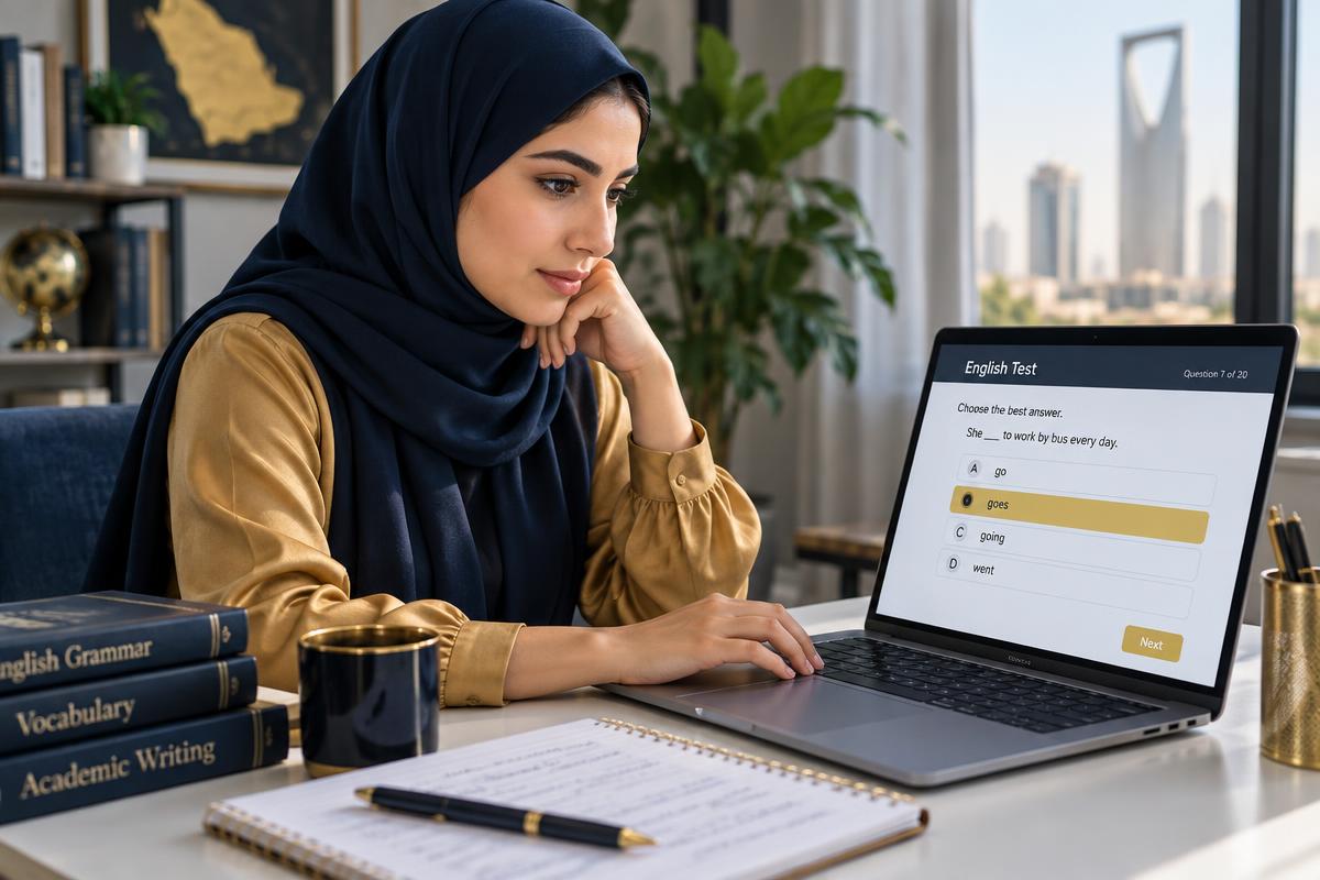 سعودية تحل اختبارًا تجريبيًا في اللغة الإنجليزية بأسئلة الاختيار من متعدد على منصة قياس